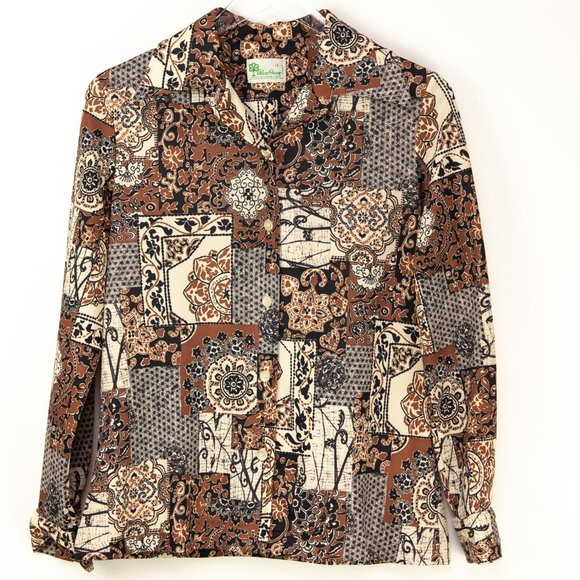 Vintage Tops - Vintage Alan Green Top Graphic Print Button Down Shirt 70s Brown Size 14